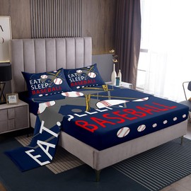 Feelyou Kids Baseball Gaming Sheet Set Queen Size Navy Blue Bed Sheets for Boys Girls Teens Bedroom Decor Softball Bed Set Women Men Ball Games Sheets,1 Fitted Sheet+2 Pillow Sham+1 Flat Sheet