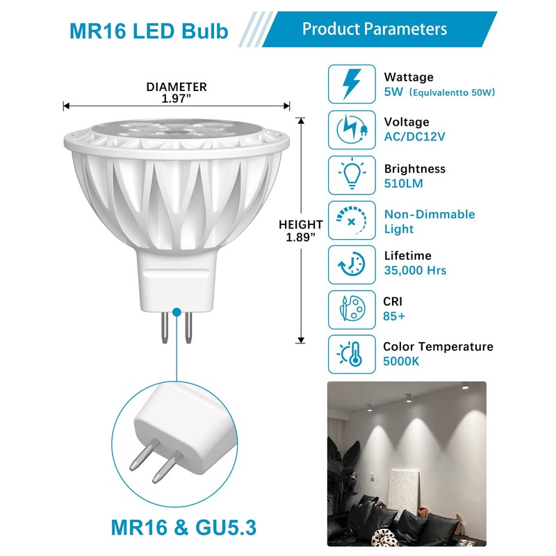 GOHDLAMP 12 Pack MR16 LED Bulbs, 50 Watt Equivalent, 5000K