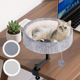 Chumajor Cat Desk Bed - 360° Rotating & Adjustable, Supports 44 lbs, Soft Faux Fur with Dual-Sided Reversible Mat, Modern Indoor Cat Nest Furniture for Office Desks and Game Tables, Island Table