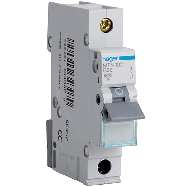 Hager MTN132 Miniature Circuit Breaker, 1 Pole, 1 Module, Type
