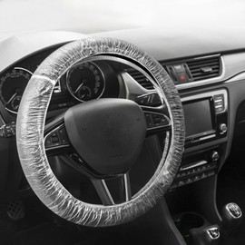 SCUARI Disposable Steering Wheel Covers,Car Accessories Transparent Steering Wheel Cover,Plastic Car Steering Wheel Cover,Steering Wheel Protector with Elastic Trims for Car (Transparent-100pcs)
