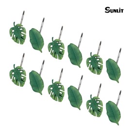Tropical Leaf Decorative Shower Curtain Hooks Green Botanical Shower Curtain Rings, Resin, Monstera Deliciosa Strelitzia Reginae Leaves Shower Curtain Hangers for Bathroom, Set of 12