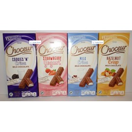 Choceur Chocolate Crisp Bar Milk Crème, Cookies’ N’ Creme, Milk Hazelnut Crisp, Strawberry Yogurt 7.1oz 200g (Four Bars)