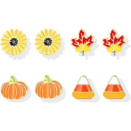 Thanksgiving Earrings for Women Fall Stud Earrings Set Maple Leaf Sunflower Pumpkin Earrings Holiday Jewelry Gifts for Women (A)