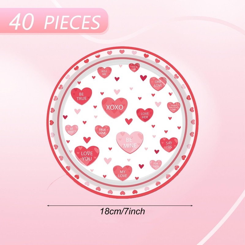 Valentine's Day Small Dessert Plates, Red Heart, 7 Inch, 40Pcs