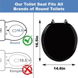 Round Black Wood Toilet Seat with Baked Enamel Finish, Heavy Duty Round Toilet Seat for Bathroom, Support 400 lbs, Wooden Toilet Lid with Chrome Hinge, Grip-Tight Bumpers, Easy Clean, Quick Assembly
