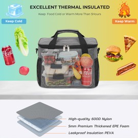 ECHSRT Insulated Lunch Bag for Women/Men - Reusable Lunch Box for Work Office Picnic Beach - Collapsible Leakproof Soft Cooler Bag with Adjustable Shoulder Strap for Adults - 15L,Grey