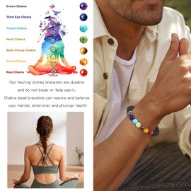 2Pcs 7 Chakras Crystal Bracelet for Women Reiki Healing Stone Bracelet for Men Yoga Balance Energy Bracelets Volcanic Stones Bracelet Set Black Beaded Bracelets (2pcs)