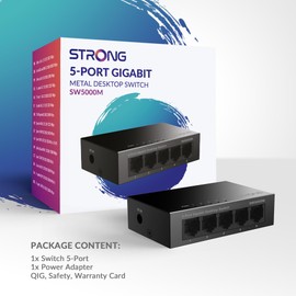 STRONG SW5000M | 5-Port Switch Gigabit Ethernet in Metal | Table and Wall Mounting | Ideal for Fast LAN Connections | Optimises Data Traffic | Fanless | Network Expansion | Black