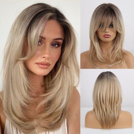 Allbell Dirty Blonde Wig for Women, Shoulder Length Straight Layered Hair Wig with Bangs, Heat Resistant Synthetic Natural Hair Daily/Party/Cosplay Costume Wig