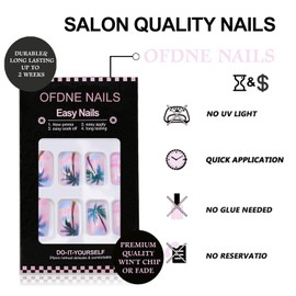 Summer Press on Nails Medium Square OFDNE Hawaii Fake Nails False Nails with Coconut Tree Designs Beach Nails Glossy Glue on Nails Acrylic Nails for Women Girls 24Pcs