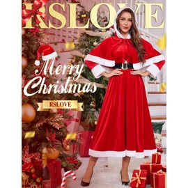 RSLOVE Mrs Claus Costume for Women - Christmas Fancy Dress Santa Babydoll Outfits with Hooded Cape Hat S Red