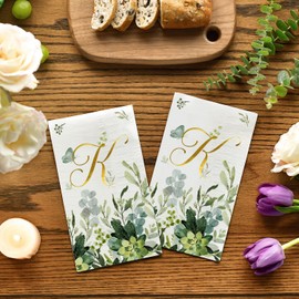 Horaldaily 100 Spring Disposable Paper Decorative Guest Napkins, Watercolor Eucalyptus Monogram Gold Foil Letter K for Party Lunch Dinner Kitchen Bathroom