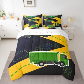 Feelyou Garbage Car Bedding Set 7 Pieces Twin Size Kids Cartoon Truck Pattern Comforter Set for Boys Girls Car Vehicle Bed Set Breathable Green Yellow Black Bed in a Bag Cartoon Car