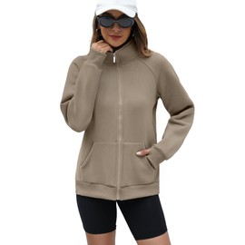 OFEEFAN Women Zipped Up Sweatshirts Casual Fall Fleece Jackets Fashion Long Sleeve Tops Comfy Outfits Oversized Coats Winter Trendy Clothes without Hoodies Khaki S