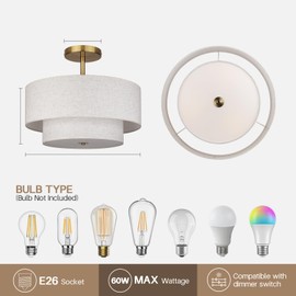 HILUXIA 18 Inch Large Semi Flush Mount Ceiling Light Fixture with Dual Drum Design, Gold Farmhouse Fabric Linen Shade for Bedroom, Living Room, Kitchen, and Dining - Modern Chandelier Lamp