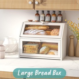 White Large Bread Box for Kitchen Counter, Double Layer  Wooden Large Capacity Bread Storage Bin - Color: White