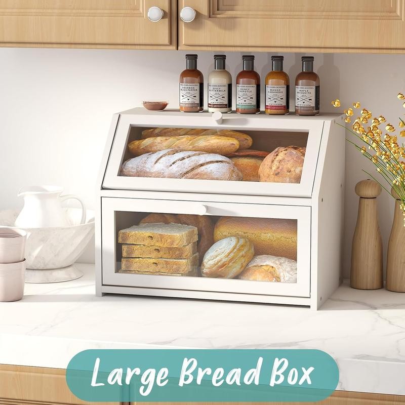 White Large Bread Box for Kitchen Counter, Double Layer Wooden
