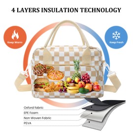 Lunch Bag, 9L Small Picnic Bag, Bento Bag, Reusable Carry Bag, Fabric, Bento Boxes Insulated Bag, Lunch Bag for Work, School, On the Go (Khaki Check)