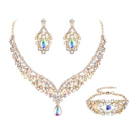 EVER FAITH V Shape Jewellery Set for Bridal Austrian Crystal Elegant Statement Teardrop Necklace Earrings Bracelet Set Iridescent AB Gold Tone, Crystal, No Gemstone