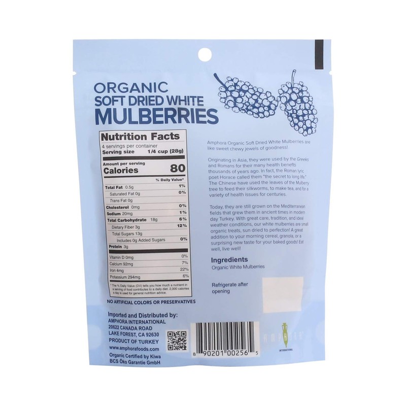 Amphora Organic Soft Dried White Mulberries 4 Ounce (Single Pack)