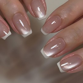 White French Tip Press on Nails Medium Coffin OFDNE Fake Nails False Nails with Glitter Designs Natural Nails Glossy Glue on Nails French Manicure Acrylic Nails for Women Girls 24Pcs