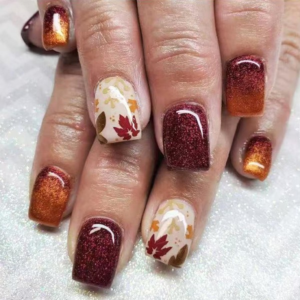 LWTZLW Fall Maple Leaf Press on Nails Short Square Thanksgiving