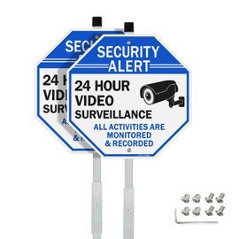 GicnKeuz Video Surveillance Sign with 28" Stake for Outside, 10"x10" Security Sign - Rust Free Heavy Reflective Aluminum, Fade Resistant/Waterproof, Including Screws, Easy to Install, Outdoor Use (2 PACK)