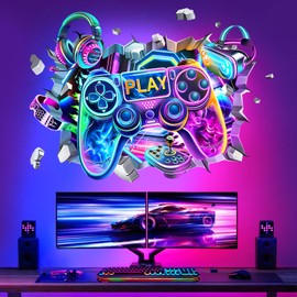 decalmile Wall Sticker 3D Gamer Children's Room Wall Sticker Gaming Controller Breakthrough Video Game Wall Sticker Boys Bedroom Children's Room Playroom Wall Decoration