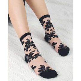 Campsis Sheer Sock Flower Nylon Socks Fashion Sheer Ankle Sock Summer Daily See Through Socks for Women(5 pairs)
