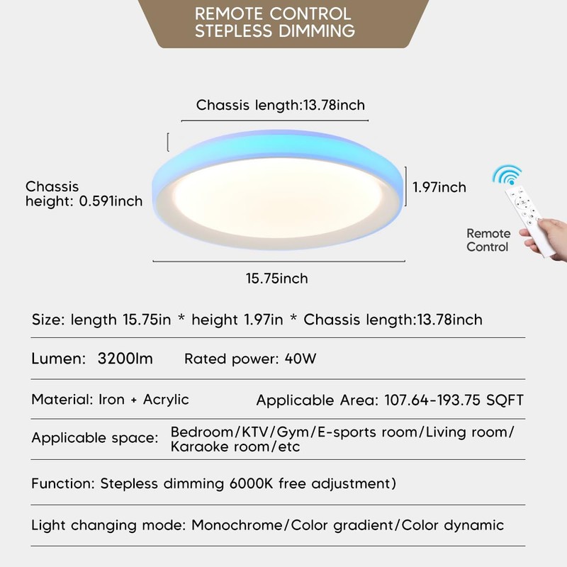16-inch Round RGB LED Ceiling Light Fixture - 3200LM Flush