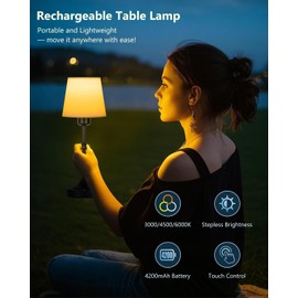 Yiliaw Cordless Table Lamp for Bedroom Portable LED Desk Lamp, 4200mAh Battery Operated, Stepless Dimmable Touch Lampfor Restaurant Bedroom Bars Outdoor Party, LED Bulb Included, Fabric Shade, Black