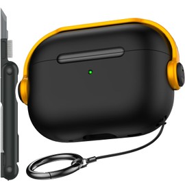 R-fun Compatible with Airpods Pro 2nd/1st Generation Case Cover (2022/2019) with Secure Lock, Music Headset Earphone Protective Case with Cleaning Kit Compatible with Airpods Pro case,Black & Yellow