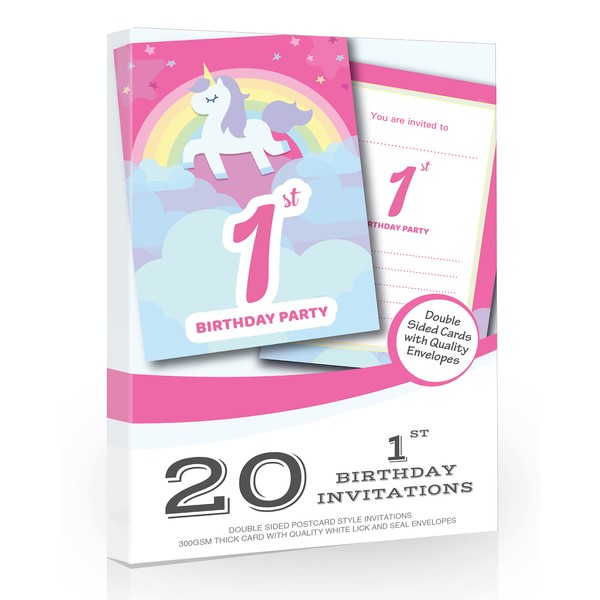 Olivia Samuel 20 x 1st Birthday Party Invitations from Unicorn