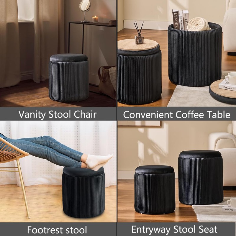 Round Ottoman with Storage Set of 2-Upholstered Sherpa Vanity Stool