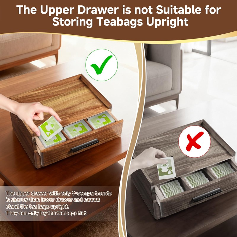 Acacia Wood Tea Bag Organizer with Gift Box, Double-Drawer Tea