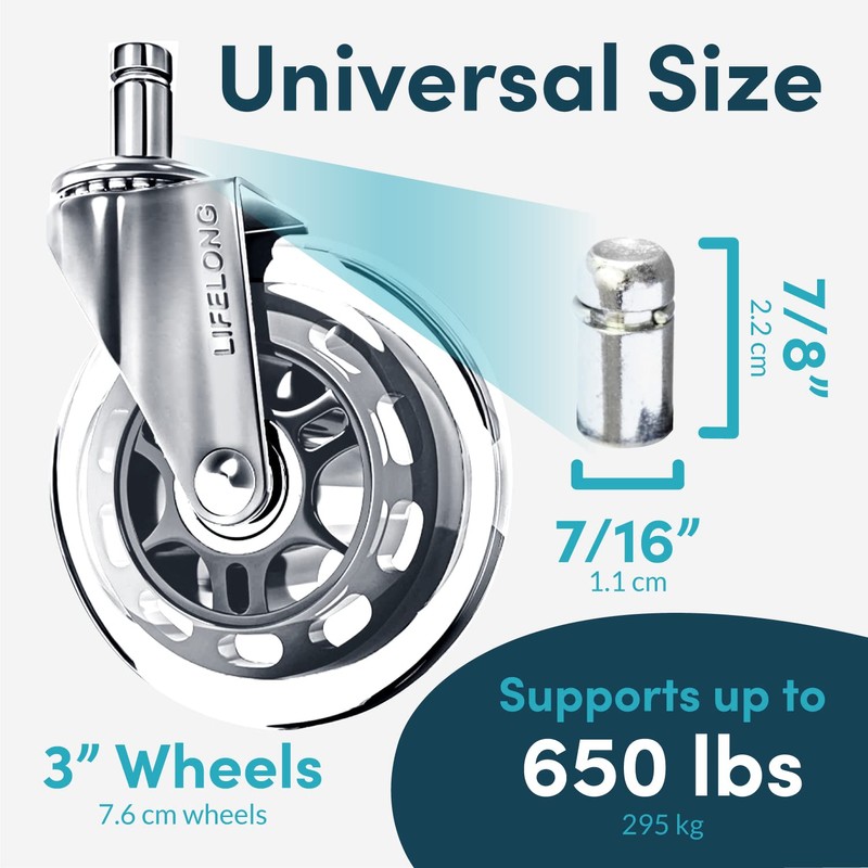 Lifelong Office Chair Wheels Replacement, Heavy Duty, Silver, 5-Pack |