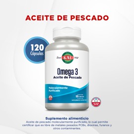 KAL Omega 3 (120 Cápsulas de gel) de aceite de pescado molecularmente purificadas, Garantía Clear quality (absorción en 30 min).