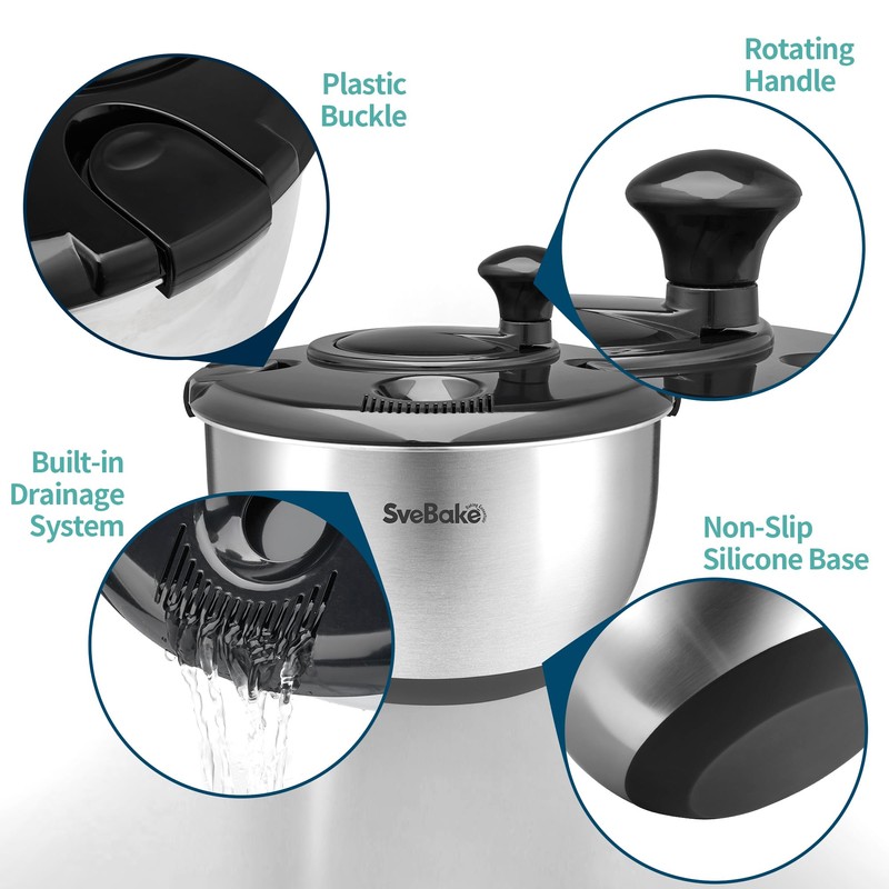 SveBake Stainless Steel Salad Spinner, 4.2 Qt Vegetable Washer, BPA-Free