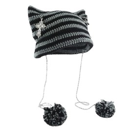 WPNCYK 1 Pcs Scene Clothes, Emo Accessories, Cat Beanie, Teenage Girls Gifts Cat,Cat Gifts for Cat Lovers, Cute Stripes Cat Beanie, Fun Hat Presents Grey
