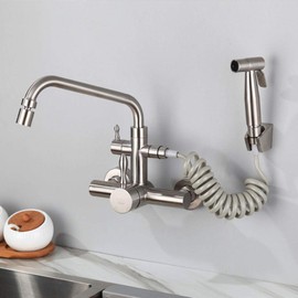 Kitchen Faucet Wall-Mounted Faucet Concealed Type 304 Stainless Steel hot and Cold Water Tank Spray Single Lever Faucet Laundry Pool Kitchen Rotating@A(Color:B)
