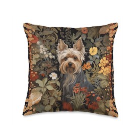 Yorkie or Silky Terrier William Morris Style Tapestry Throw Pillow