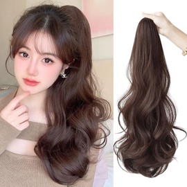 Sheepyo Ponytail Wig, Clip, Long, Curly Hair Extension, Ponytail Fraying, Hair Extension, Hair Extension, Hair Extension, Hair Extension, 19.7 inches (50 cm), 4 Colors Available (Dark Brown)