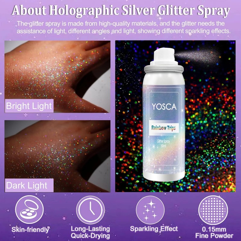 Yosca Body Glitter Spray, 3Pcs Holographic Silver Travel Shiny Glitter