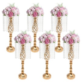 Crystal Flower Vase Stand, Gold Flower Chandelier Metal Candle Holder, 21.7" Tall Wedding Centerpieces for Reception Table Party Decorations - 6 Pcs