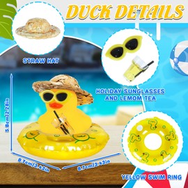 Car Rubber Duck with Yellow Swim Ring,Straw Hat and Holiday Sunglasses Car Ornaments Summer Party Favors Baby Bath Toy Duck with Mini Lemon Tea
