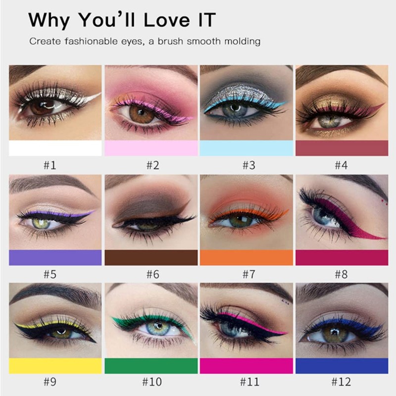 12 Colours Matte Liquid Eyeliner Set, Colourful Waterproof Smudge-Proof, Durable