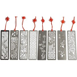 Metal Bookmarks 8 Pcs Hollow Art Stainless Steel Book Mark with Red Enless Knot, Bookmarks Gift for Men Women Book Lovers, Unique Book Marks Accessories