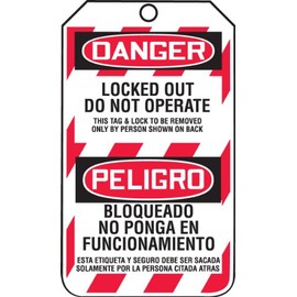 Accuform Lockout Tags, Pack of 25, Bilingual Danger Locked Out Do Not Operate, US Made OSHA Compliant Tags, Tear & Water Resistant PF-Cardstock, 5.75"x 3.25", TSP103CTP