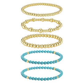 FUNRUNJEWELRY 3-5PCS Gold Bead Bracelets For Women Stretch Bracelets For Women Stackable Gold Bracelet Stack Waterproof Non Tarnish Jewelry Set Gifts, 5PCS Green Bracelets